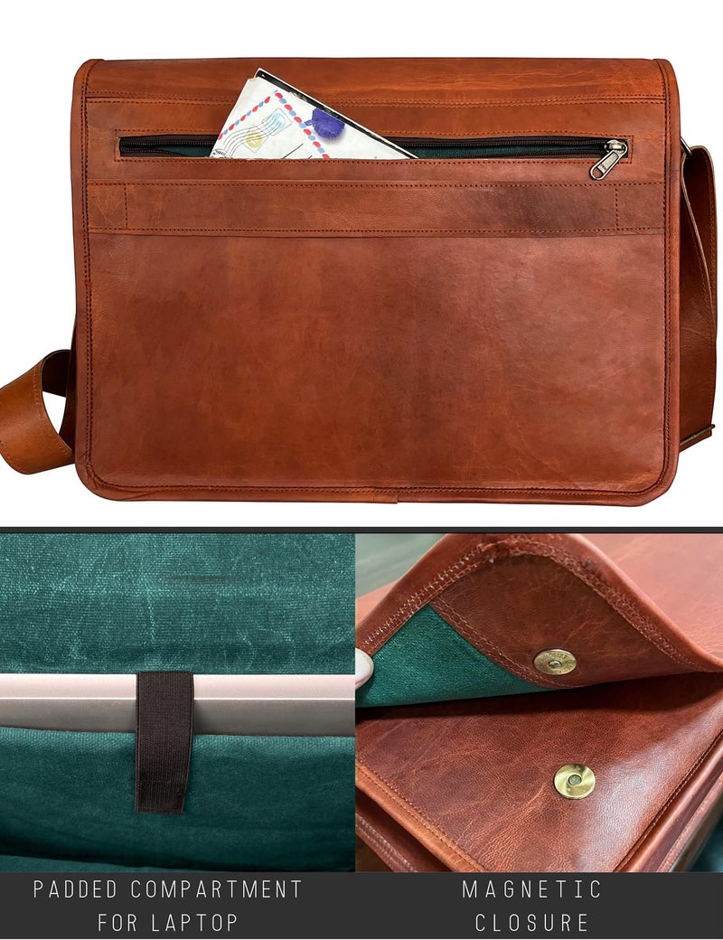 RUSTIC TOWN 14" Leather Messenger Bag for Men & Women â€“ Full Grain Vintage Crossbody Satchel â€“ Fits 13.3"/14" Laptop â€“ Ideal Briefcase for Work, Travel & College â€“ Adjustable Shoulder Strap - Image 3